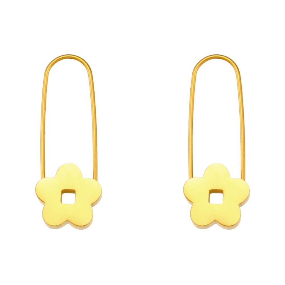 Gold Flower Safety Pin Hoop Earrings 18K Gold Plated - Picture 10 of 10